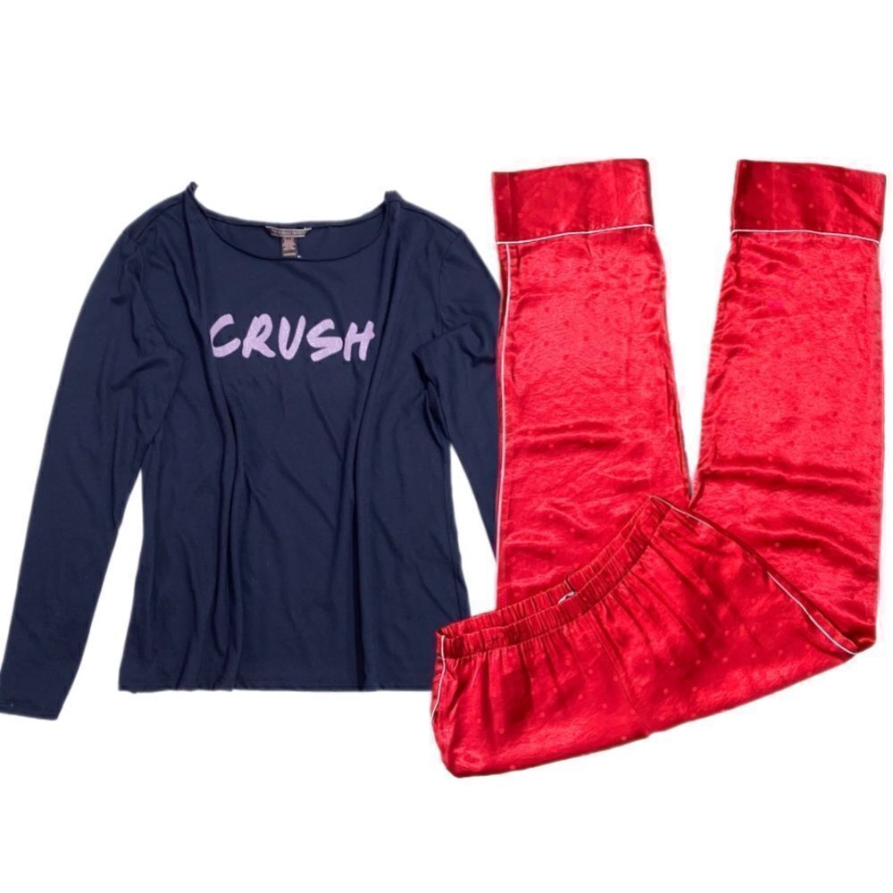 Victorias Secret Silky Satin thick pants & soft Crush top pajama set red-blue